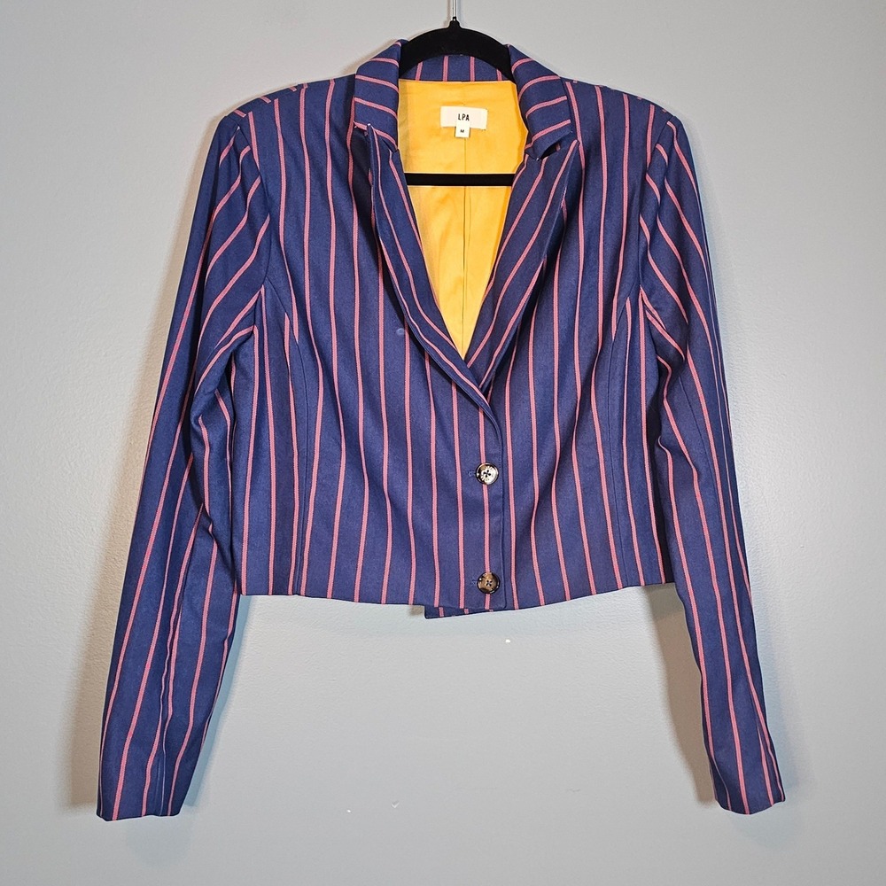 LPA Navy Pink Stripe Cropped‎ Blazer Jacket Women's Size M